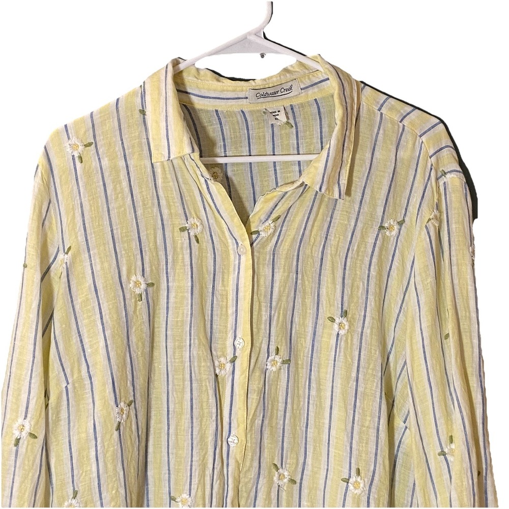 Coldwater Creek Yellow Striped Linen Button-Down Top